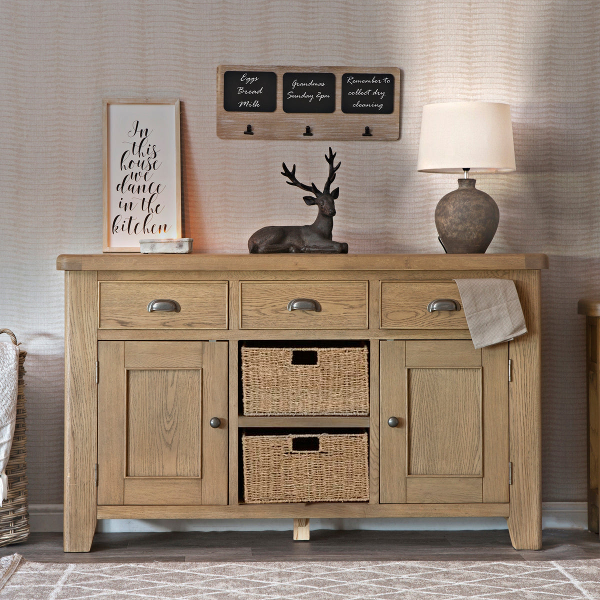 Sidmouth oak sideboard with cheap baskets