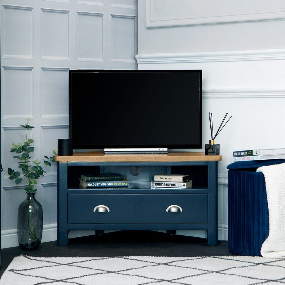 Rutland Blue Painted Oak Corner TV Unit Chiltern Oak Furniture
